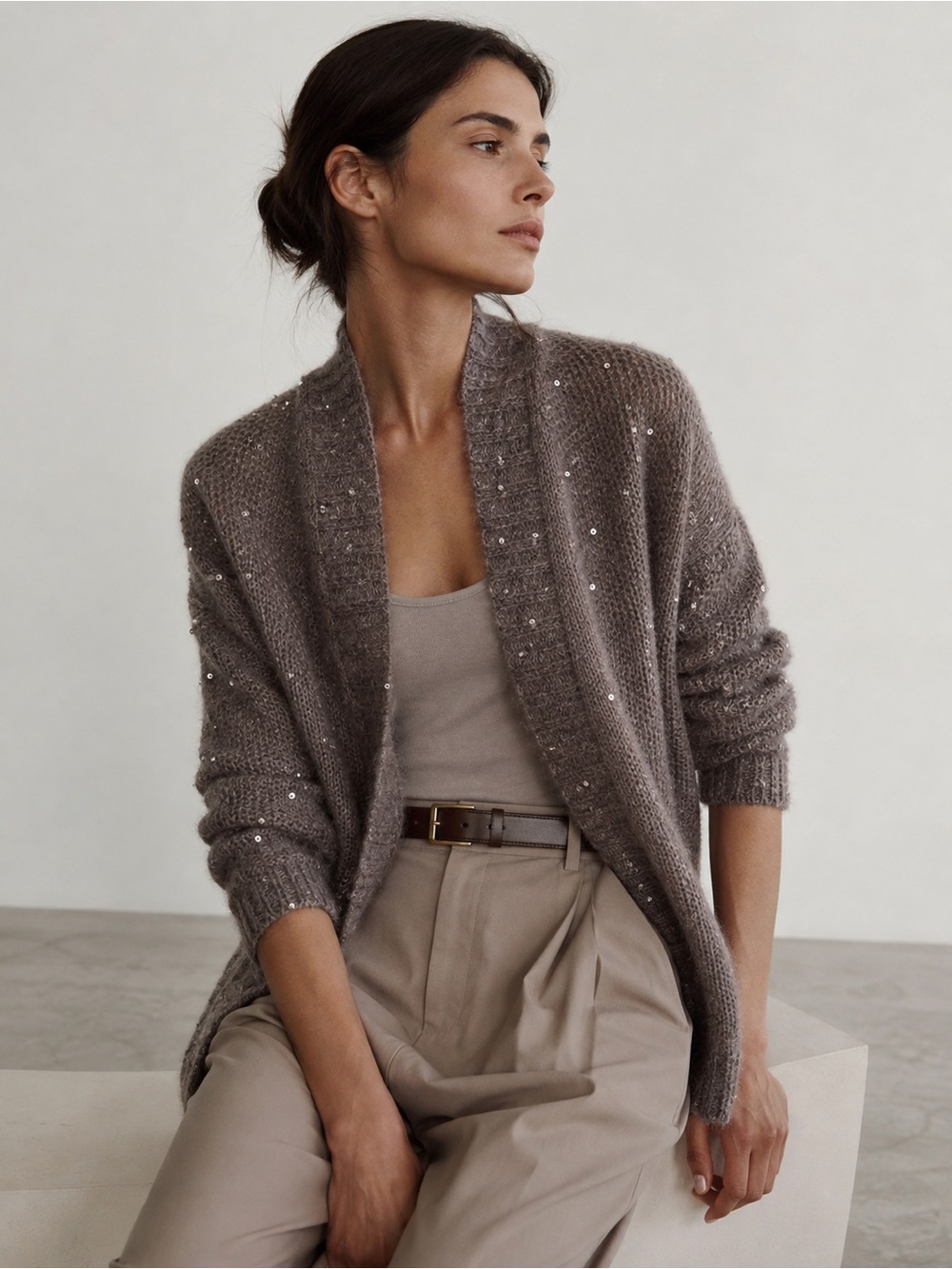 EXPRESS Taupe Sequin Open Front Knit Cardigan Sweater Size Medium